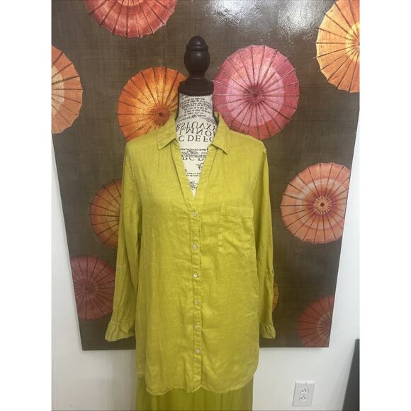 C&C CALIFORNIA 100% Linen Chartreuse Shirt Effortless Casual Minimalist Sz L - Picture 1 of 5